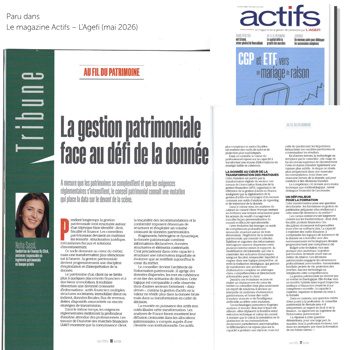 Tribune de Noha Sassi publiée dans Actifs – L'Agefi sur l'évolution de la gestion patrimoniale face aux enjeux de la donnée et de l'intelligence artificielle.